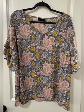 Premise Floral V-Neck Blouse in Pink, Gray & Mustard Yellow
